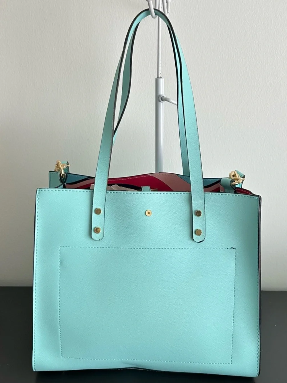 Trina Turk Aqua Blue Structured Tote Crossbody Bag Gold Hardware Satchel - Picture 6 of 8